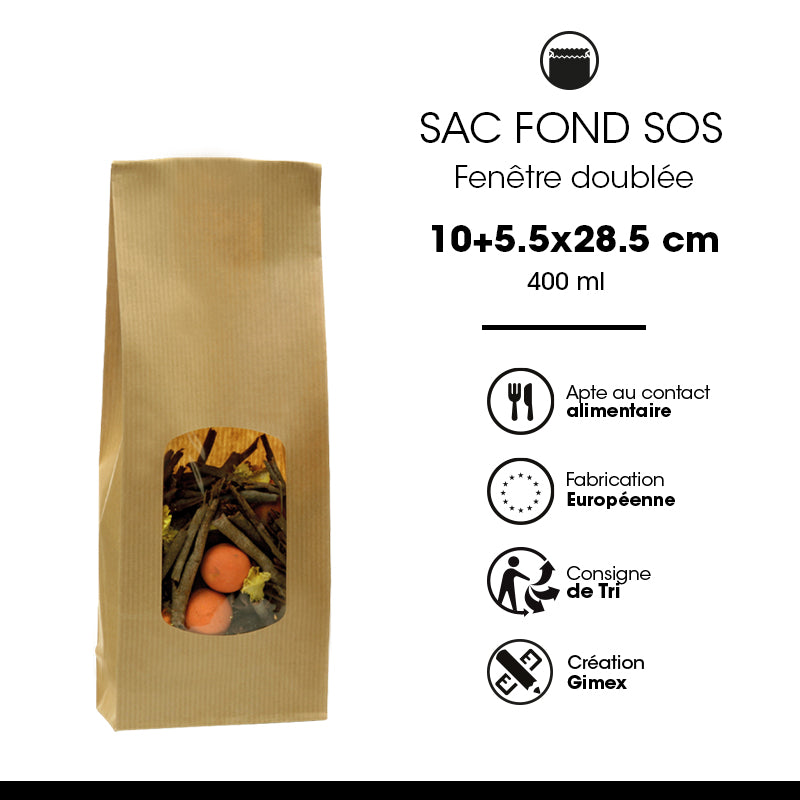 Sac alimentaire SOS fenêtre 400 ml|kraft brun vergé|par 1200