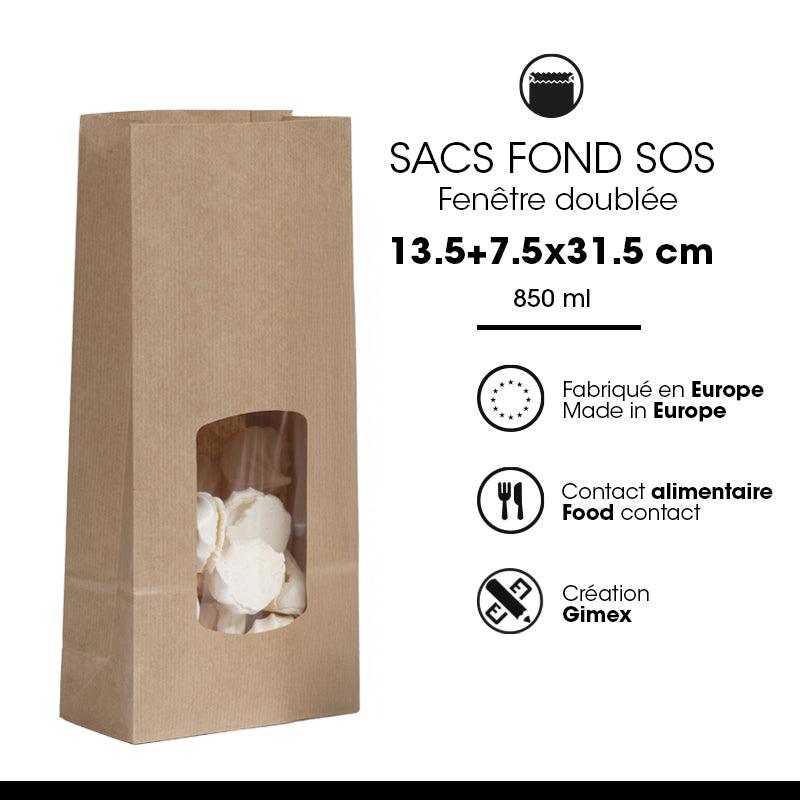 Sac alimentaire SOS fenêtre 850 ml | kraft brun vergé | par 800