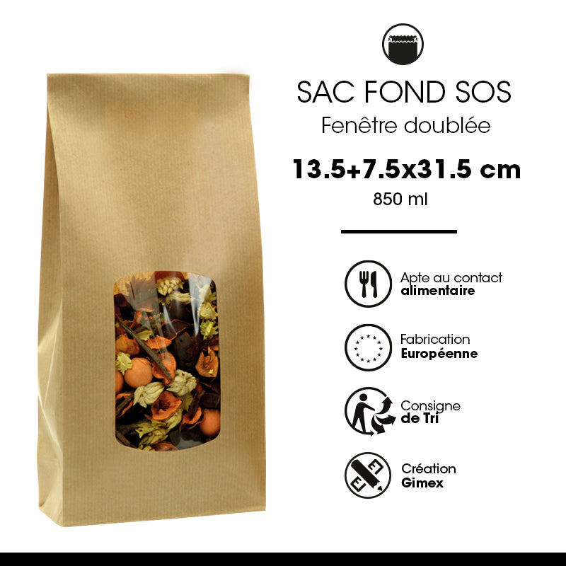 Sac alimentaire SOS fenêtre 850 ml | kraft brun vergé | par 800