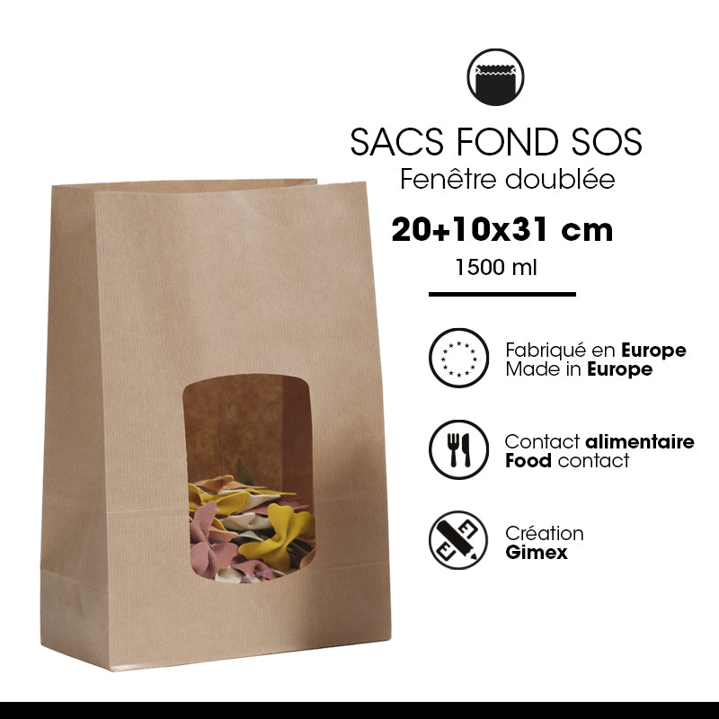 Sac alimentaire SOS fenêtre 1 500 ml | kraft brun vergé | par 600