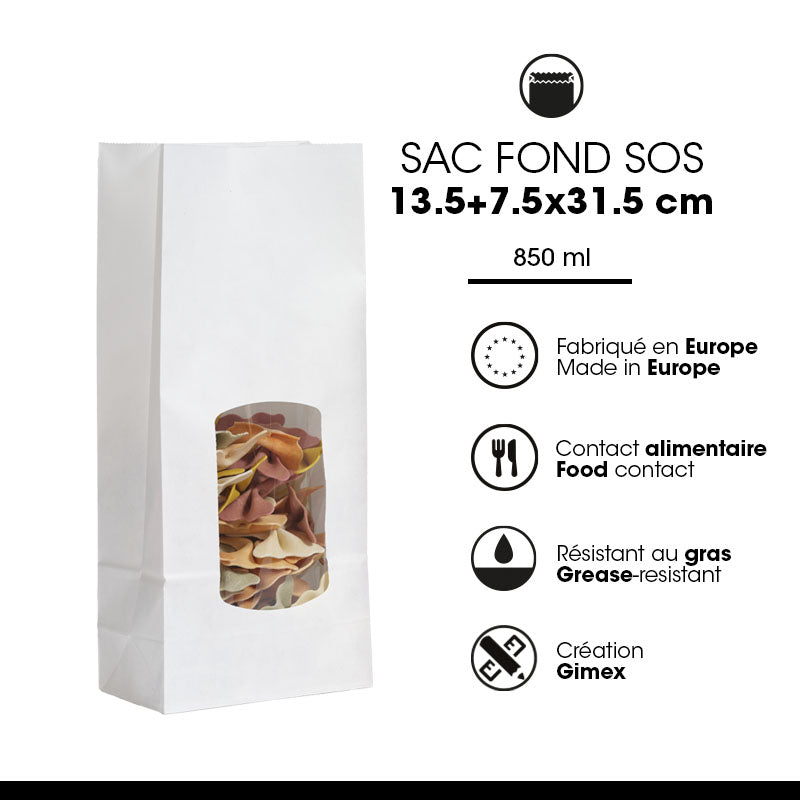 Sac alimentaire SOS fenêtre 850 ml | kraft lisse blanc | par 800