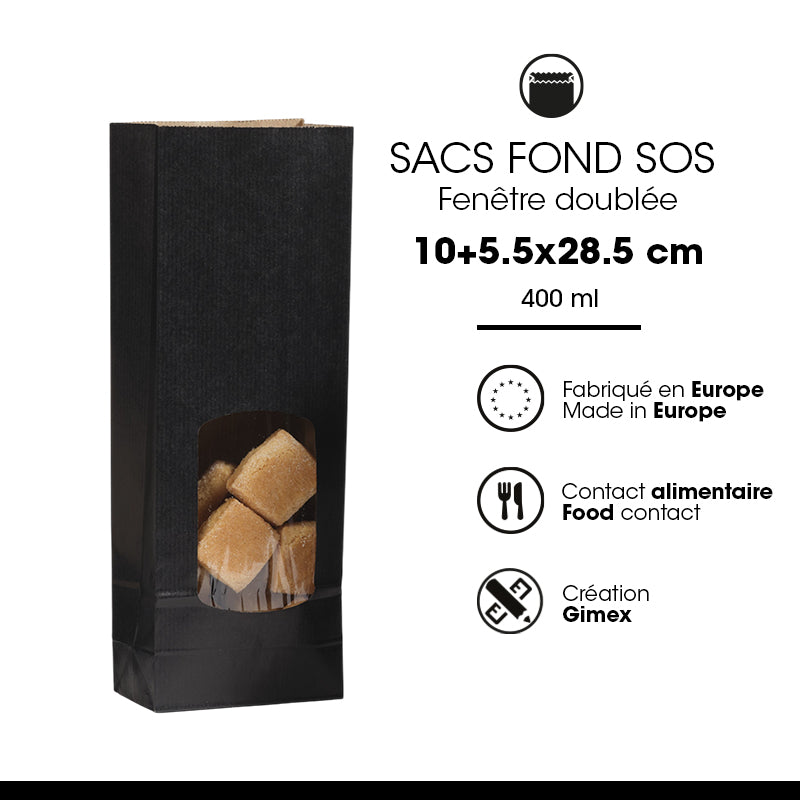 Sac alimentaire SOS fenêtre 400 ml | kraft noir vergé | par 1200
