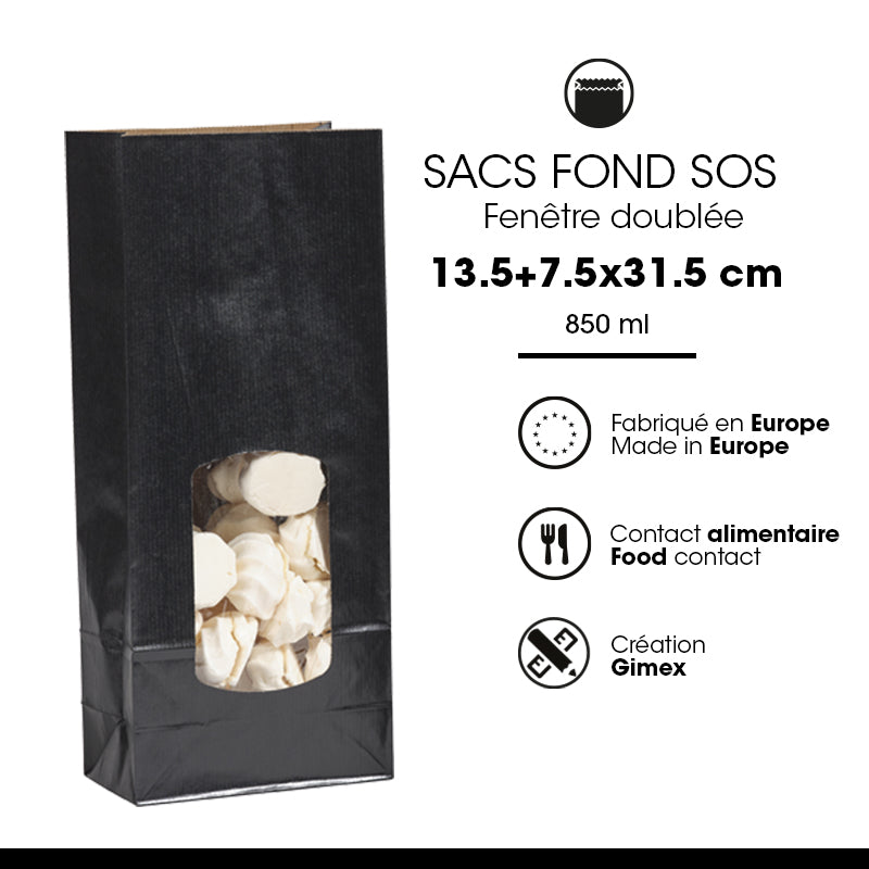 SOS window food bag 850 ml | black laid kraft | 800