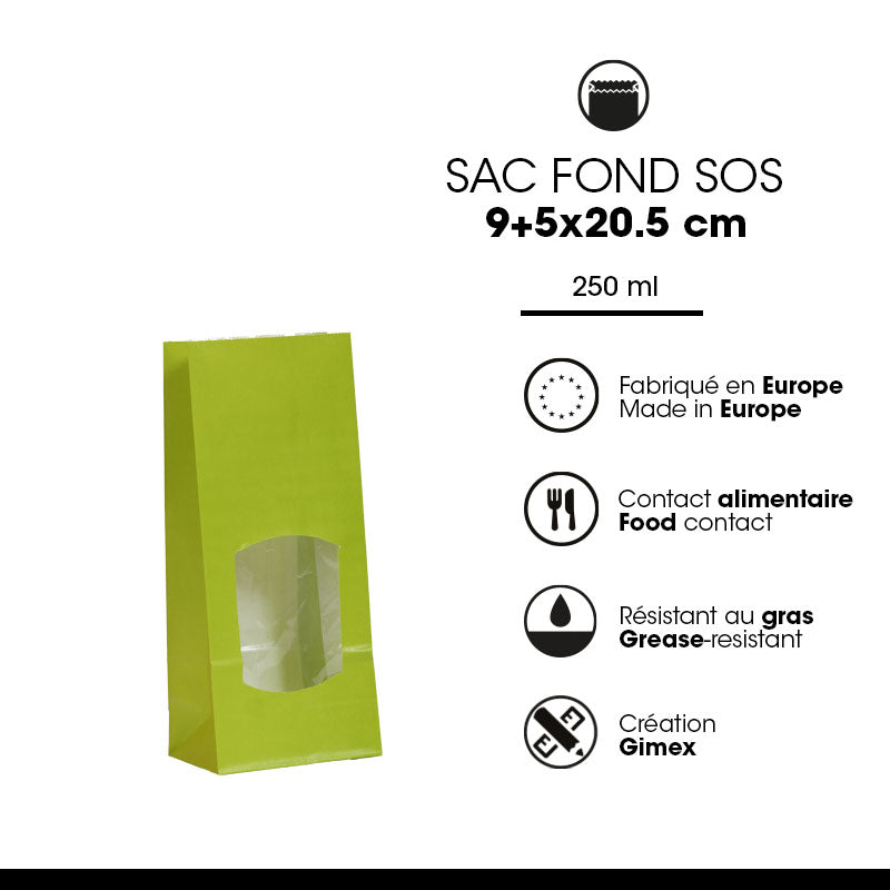 Sac alimentaire SOS fenêtre 250 ml | kraft lisse vert | par 1200