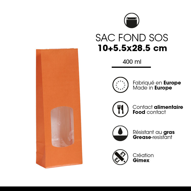Sac alimentaire SOS fenêtre 400 ml | kraft lisse orange | par 1200