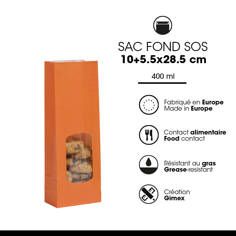 SOS food bag with window 400 ml | smooth orange kraft | 1200