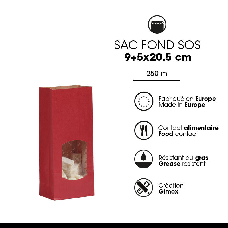 Sac alimentaire SOS fenêtre 250 ml | kraft vergé rouge | par 1200