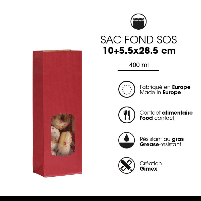 Sac alimentaire SOS fenêtre 400 ml | kraft vergé rouge | par 1200