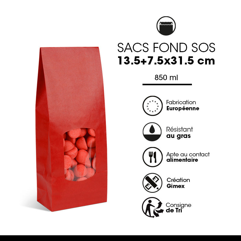 Sac alimentaire SOS fenêtre 850 ml | kraft vergé rouge | par 800