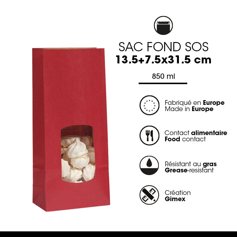 Sac alimentaire SOS fenêtre 850 ml | kraft vergé rouge | par 800