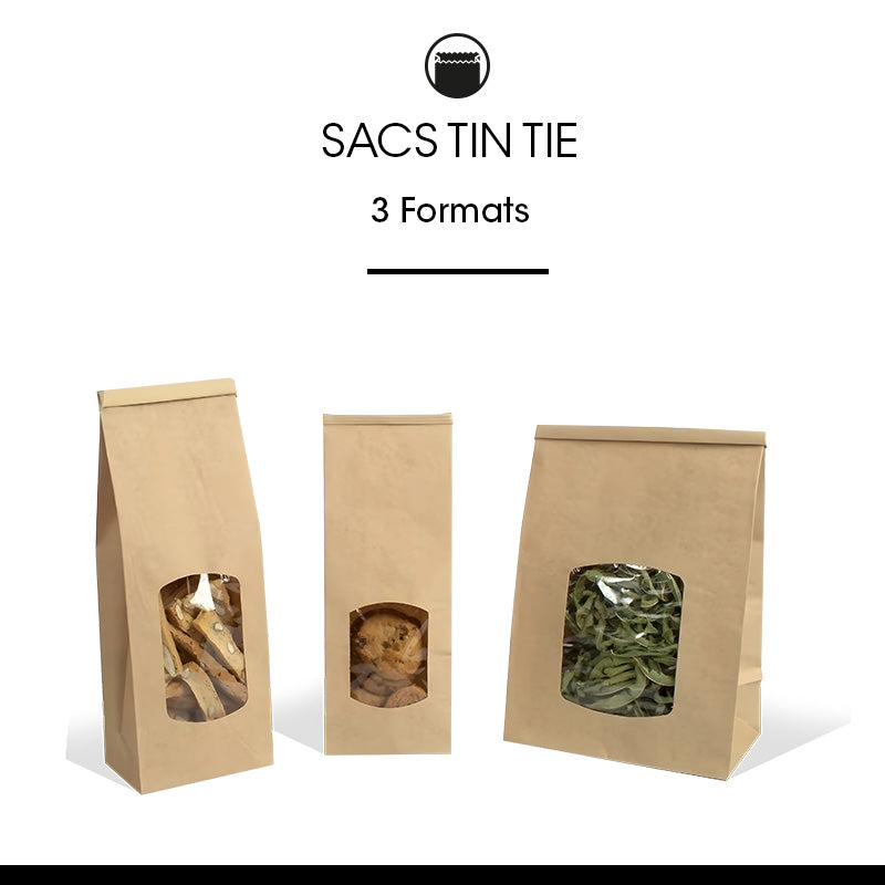 Sachet fenêtre avec barrette de fermeture en kraft brun 80g - 9+6x25cm par 600