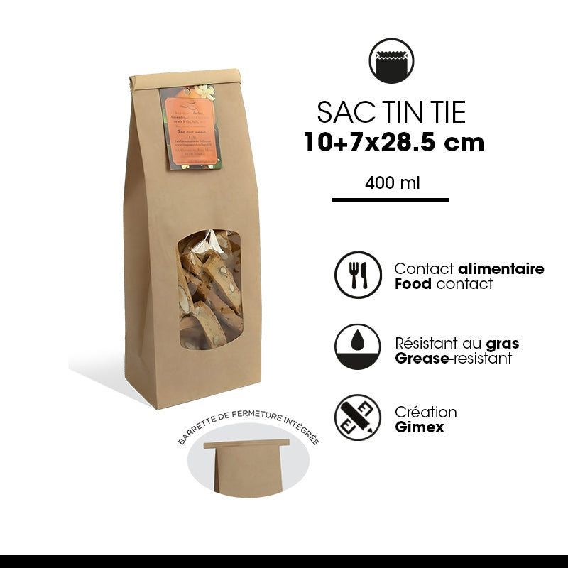 Sachet fenêtre avec barrette de fermeture en kraft brun 80g -10+7x28,5cm par 600