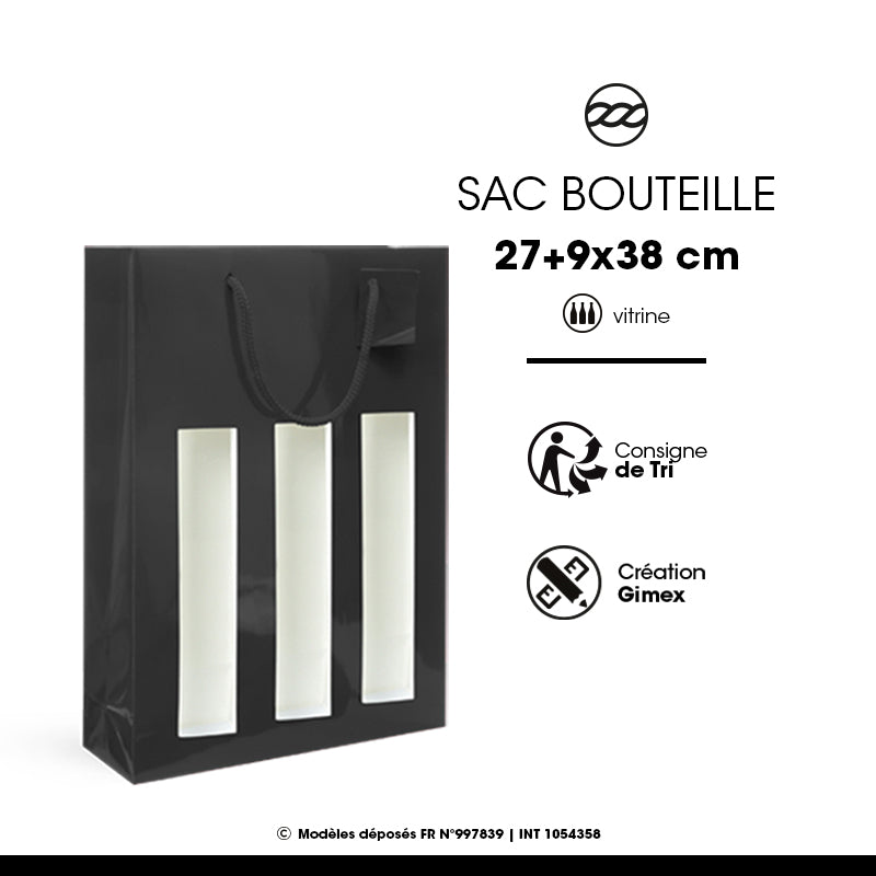 Sac fenêtre 3 bouteilles | pelliculé noir | poignées cordelières | 18+9x38cm | par 100