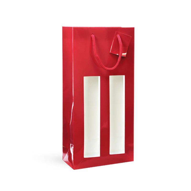 Sac fenêtre 2 bouteilles|pelliculé rouge|poignées cordelières| 18+9x38cm|par 100