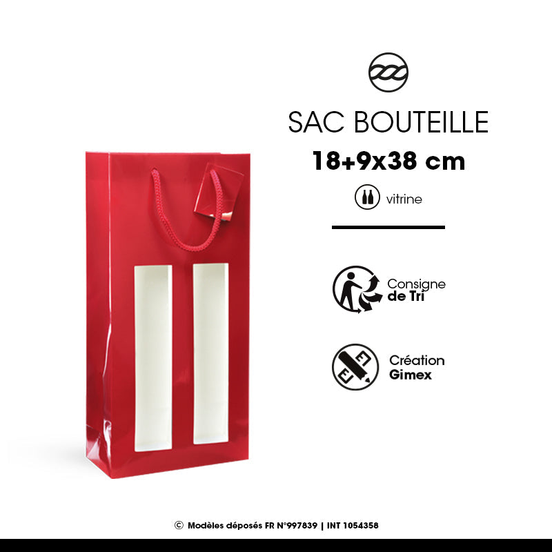 Sac fenêtre 2 bouteilles | pelliculé rouge | poignées cordelières | 18+9x38cm | par 100