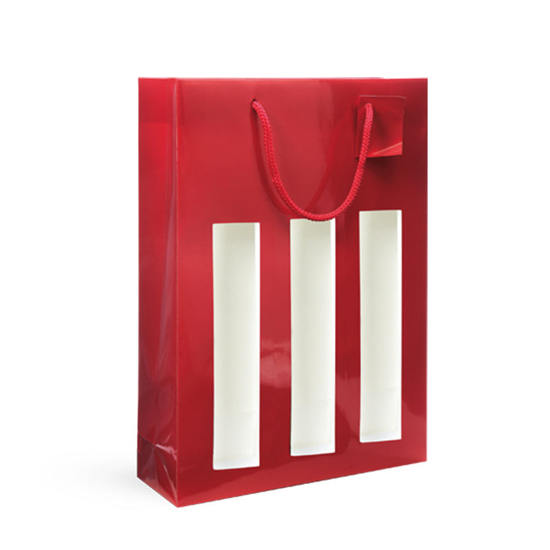 Sac fenêtre 3 bouteilles | pelliculé rouge | poignées cordelières | 27+9x38cm | par 100