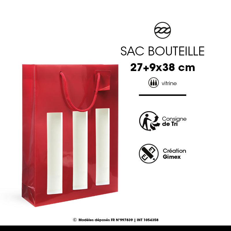 Sac fenêtre 3 bouteilles|pelliculé rouge|poignées cordelières| 27+9x38cm|par 100