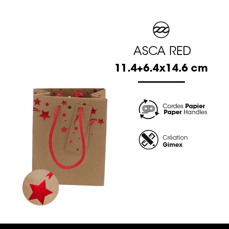 Sac Noël Small Asca Red | kraft brun | poignées cordelières | 11,4+6,4x14,6cm | par 300