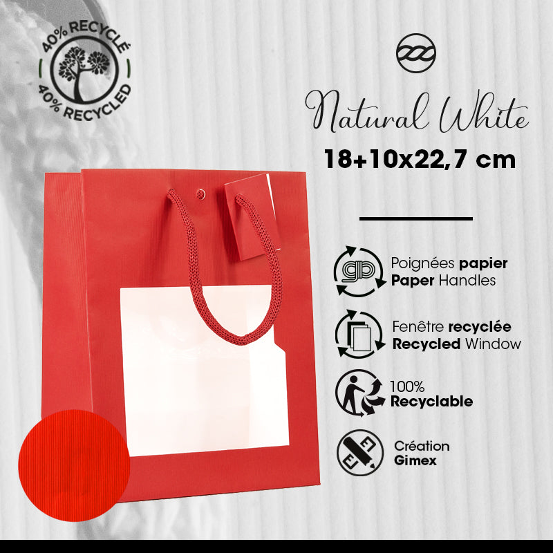 Sac vitrine rouge|Natural Red|poignées papier|18+10x22,7cm|par 240